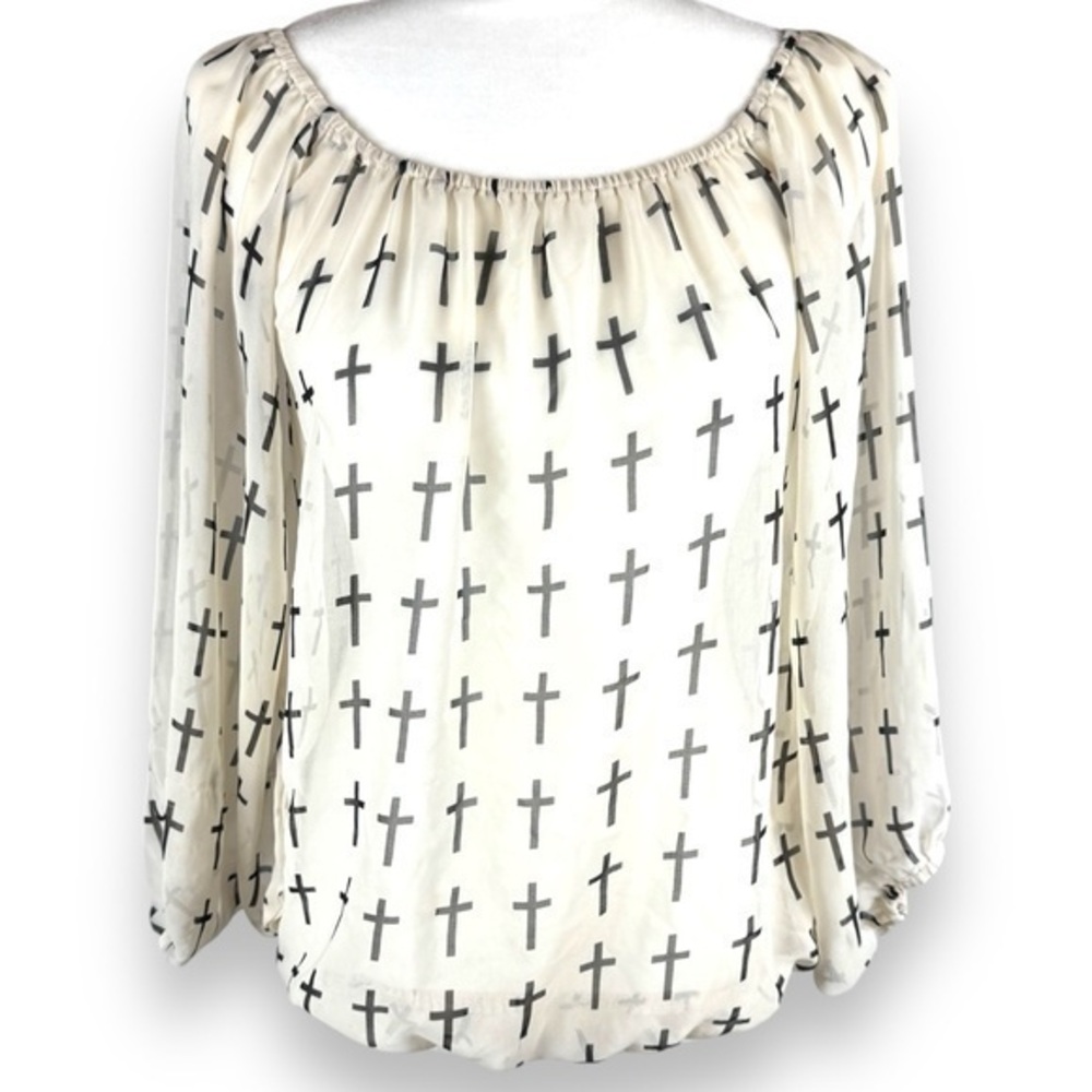 Sheer Cross Print Blouse Womens Size Medium Faith Inspired Peasant Christian Top